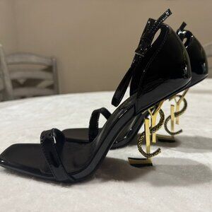 YSL Opyum Patent Leather Sandals – Black with Gold Snake YSL Heel